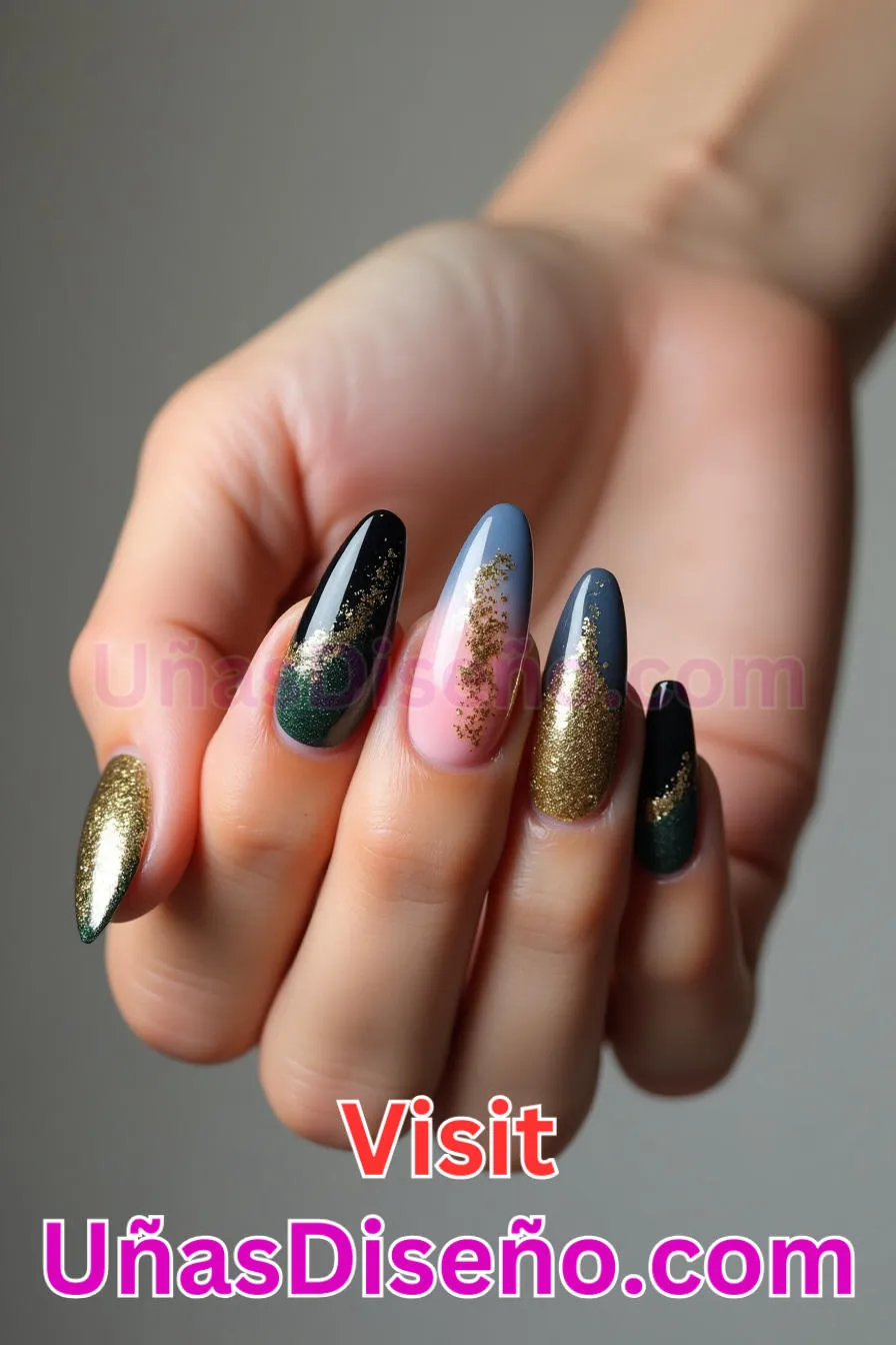 13. Almendra brillante y dorada - 20 Uñas de Almendra Elegance Diseños exclusivos para un look sofisticado (3).jpeg