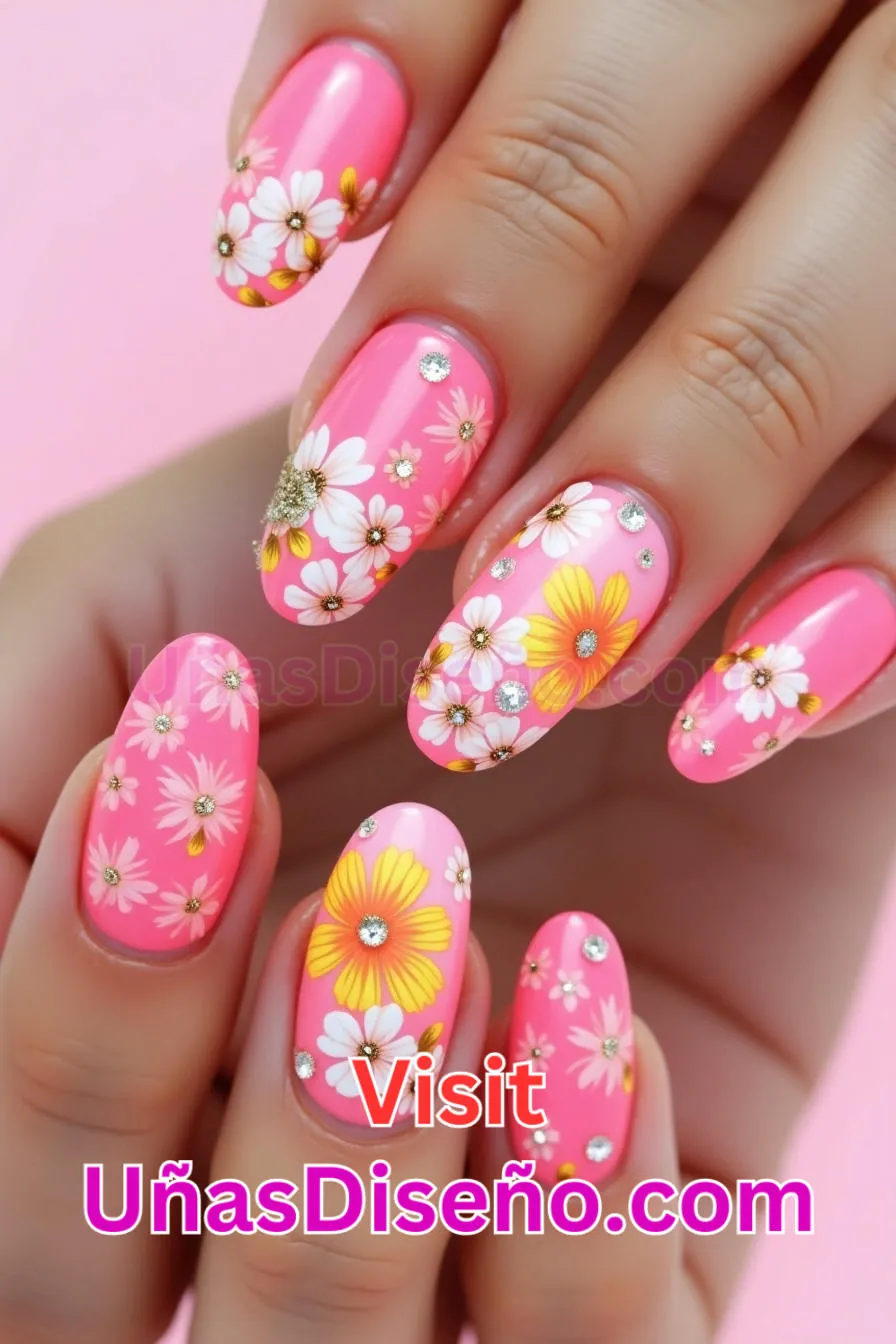 13. Diseño Floral Uñas Neón Rosa - 15 Diseños de uñas de neón de moda para un look atrevido y vibrante 2.jpeg