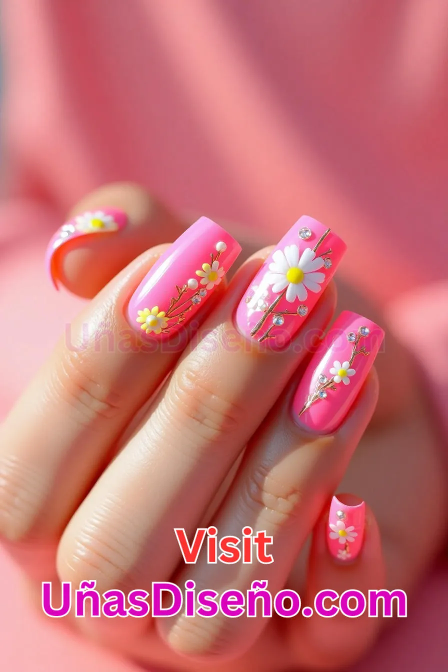 13. Diseño Floral Uñas Neón Rosa - 15 Diseños de uñas de neón de moda para un look atrevido y vibrante 6.jpeg