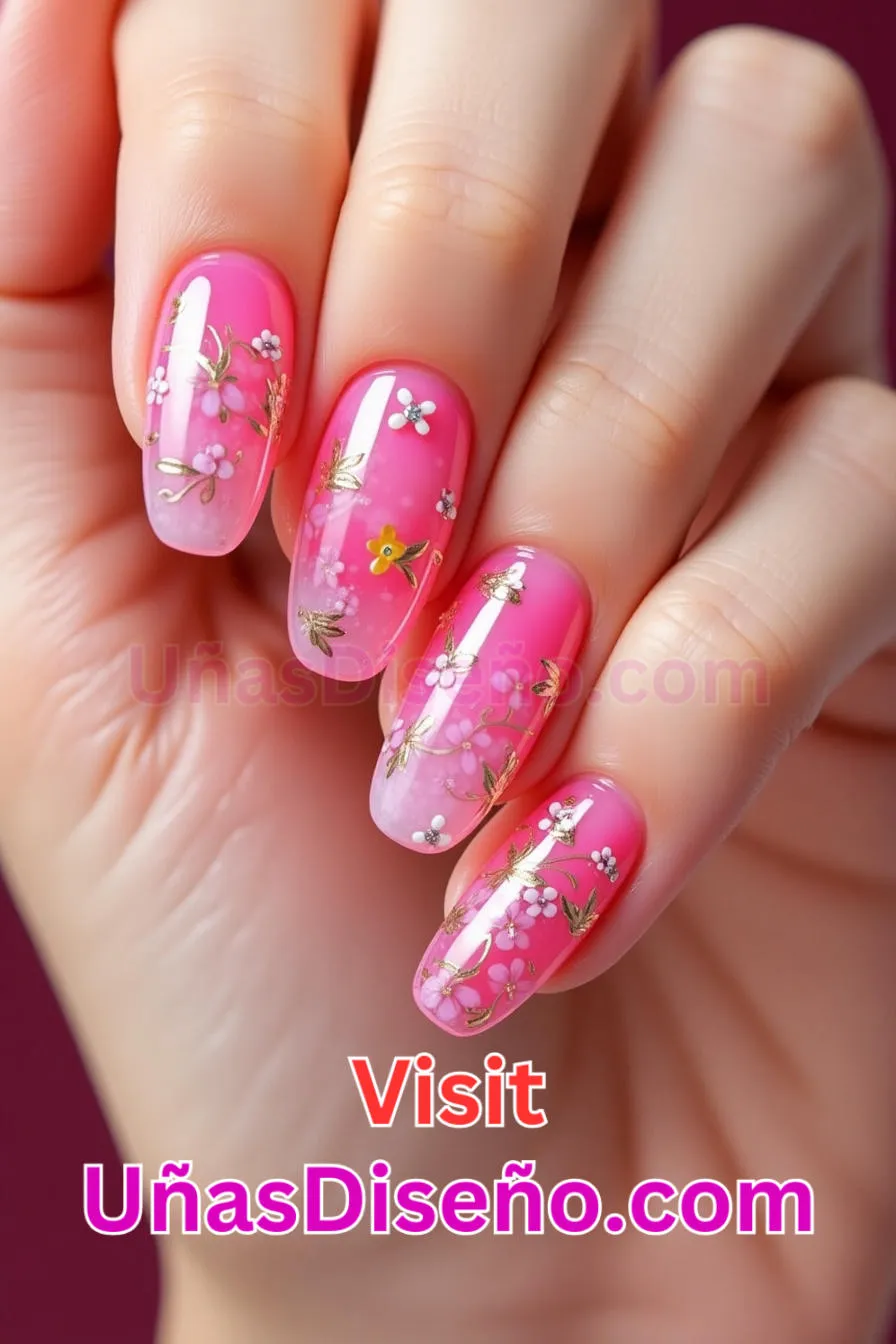 13. Diseño Floral Uñas Neón Rosa - 15 Diseños de uñas de neón de moda para un look atrevido y vibrante 8.jpeg