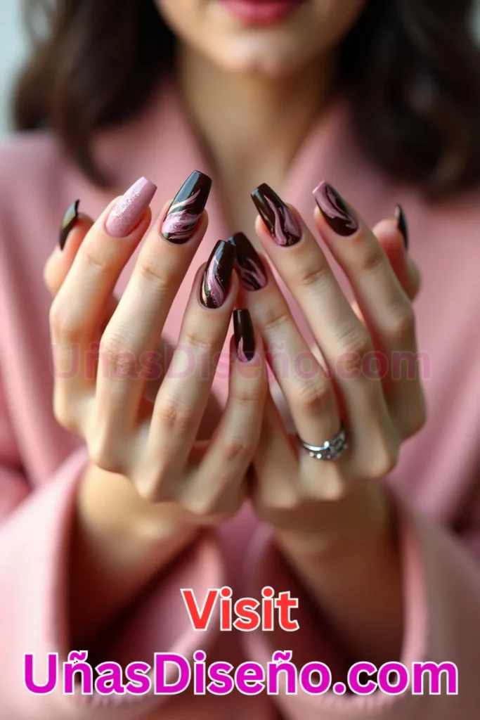 14. Estilo Abstracto en Tonos Chocolate y Rosa - 15 Diseños de Uñas de Chocolate Oscuro que Complementarán tu Look a la Perfección (1).jpeg