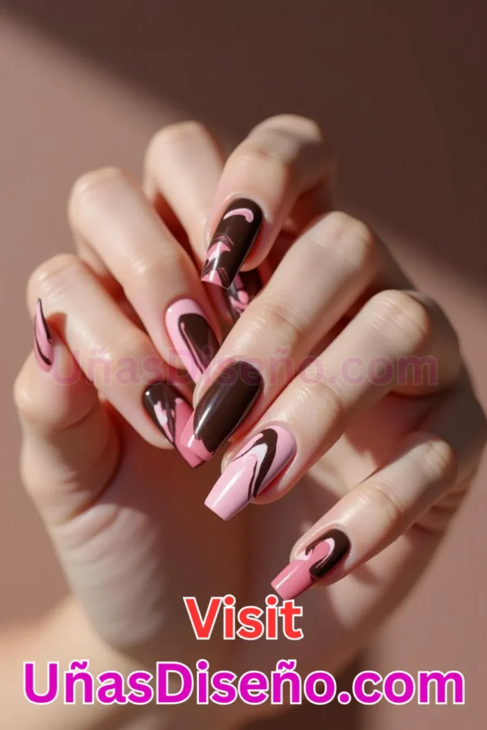 14. Estilo Abstracto en Tonos Chocolate y Rosa - 15 Diseños de Uñas de Chocolate Oscuro que Complementarán tu Look a la Perfección (2).jpeg