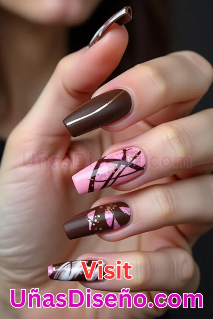 14. Estilo Abstracto en Tonos Chocolate y Rosa - 15 Diseños de Uñas de Chocolate Oscuro que Complementarán tu Look a la Perfección (4).jpeg