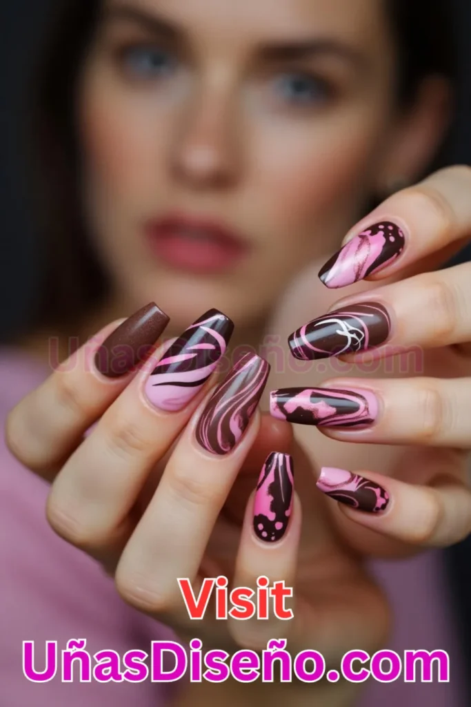 14. Estilo Abstracto en Tonos Chocolate y Rosa - 15 Diseños de Uñas de Chocolate Oscuro que Complementarán tu Look a la Perfección (5).jpeg