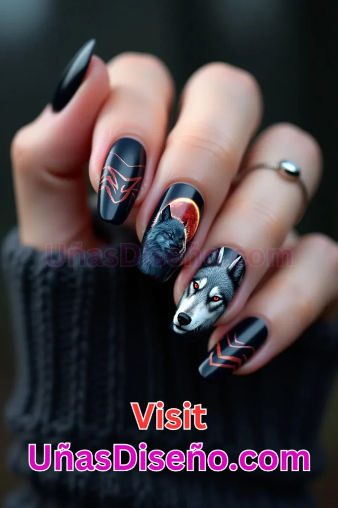 14. Lobo Diseños de uñas - 51 Diseños de uñas con estampado animal para combinar a la perfección con tus vestidos (3).jpeg