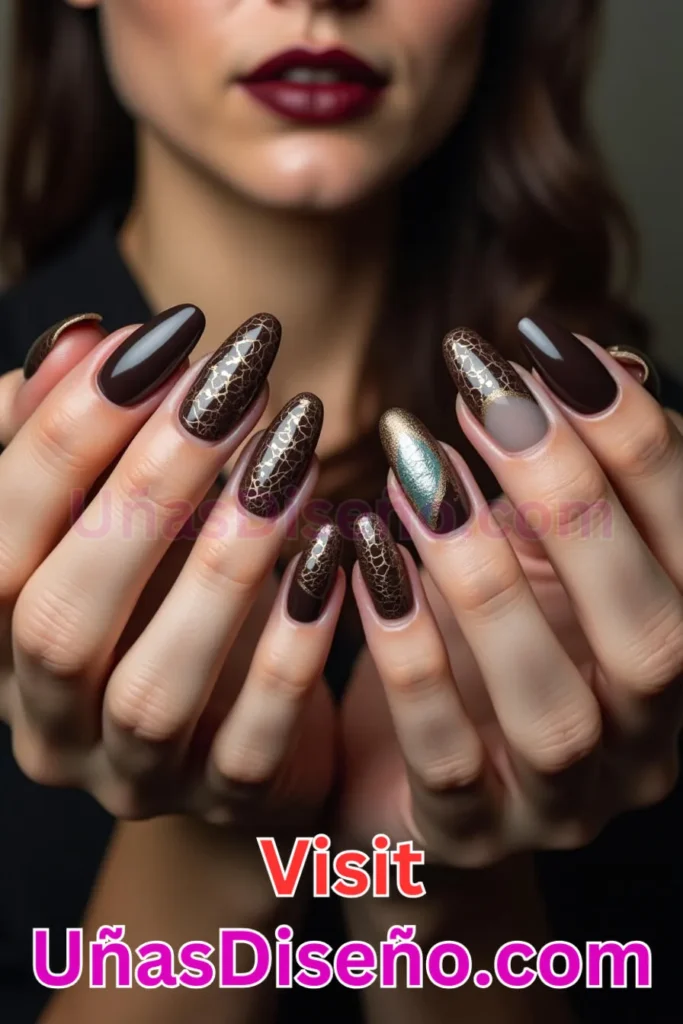 15. Chocolate Oscuro con Efecto Craquelado - 15 Diseños de Uñas de Chocolate Oscuro que Complementarán tu Look a la Perfección (5).jpeg