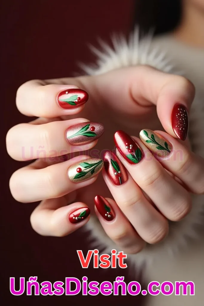 15. Metálico Granate con Hojas Navideñas Diseños de Uñas Navideñas (1).jpeg