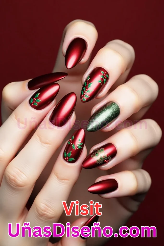 15. Metálico Granate con Hojas Navideñas Diseños de Uñas Navideñas (3).jpeg