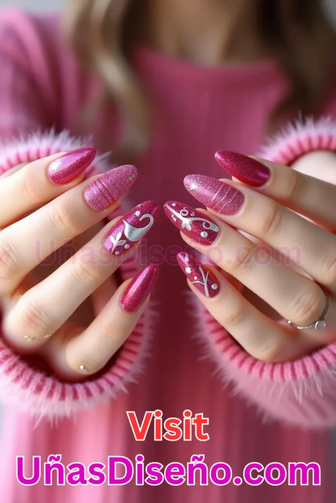 16. Brillo Encendido con Detalles en Fucsia Diseños de Uñas Navideñas (3).jpeg