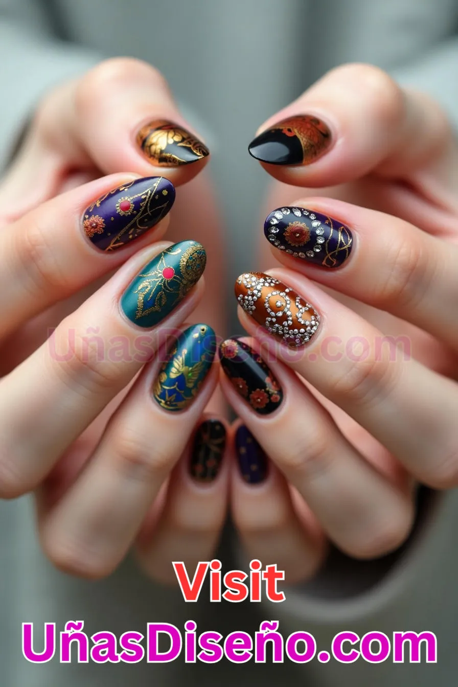 16. Fusión de patrones culturales - Cómo Elegir el Diseño Perfecto para Uñas Almendra 21 Ideas Exclusivas para Brillar (2).jpeg