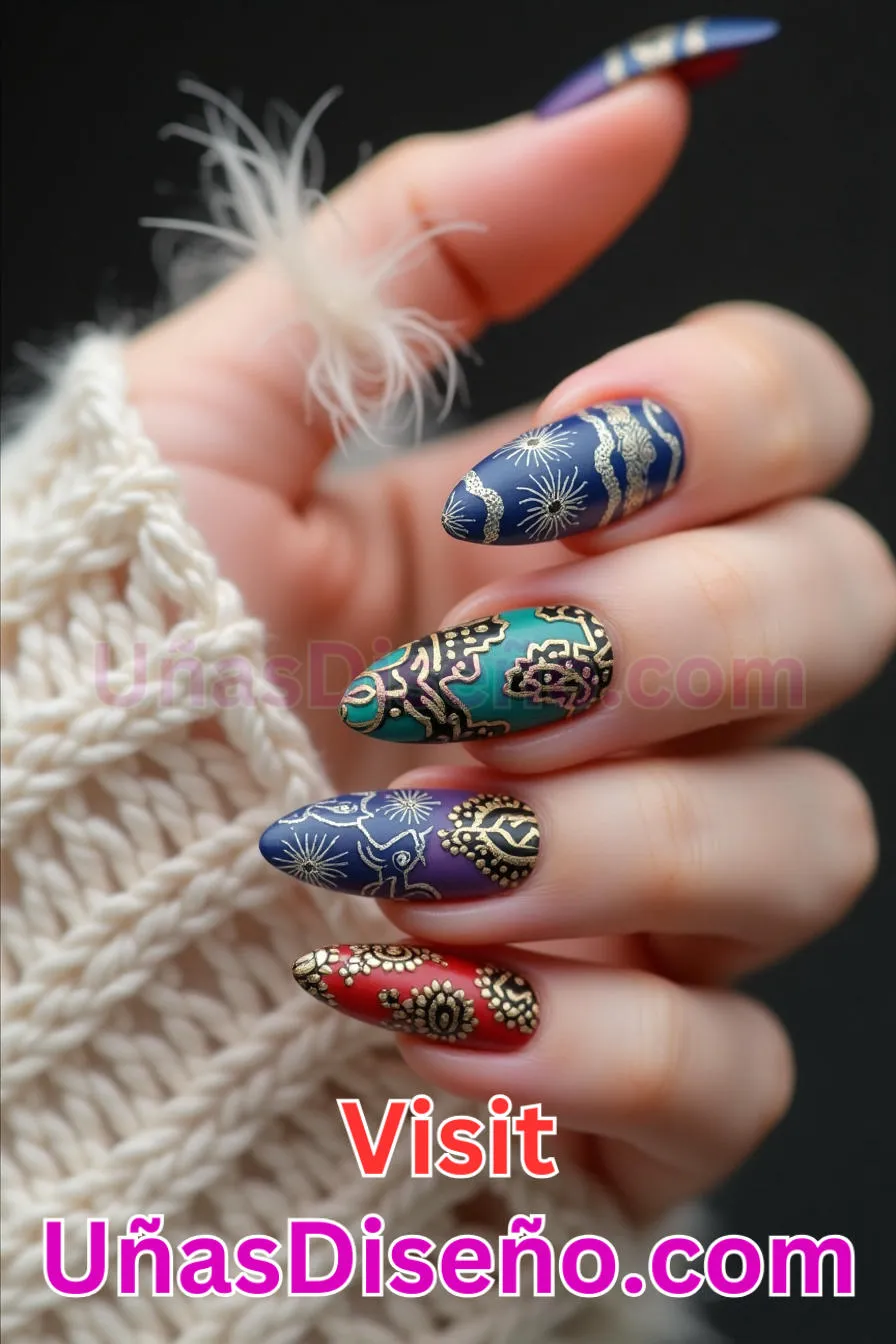 16. Fusión de patrones culturales - Cómo Elegir el Diseño Perfecto para Uñas Almendra 21 Ideas Exclusivas para Brillar (3).jpeg