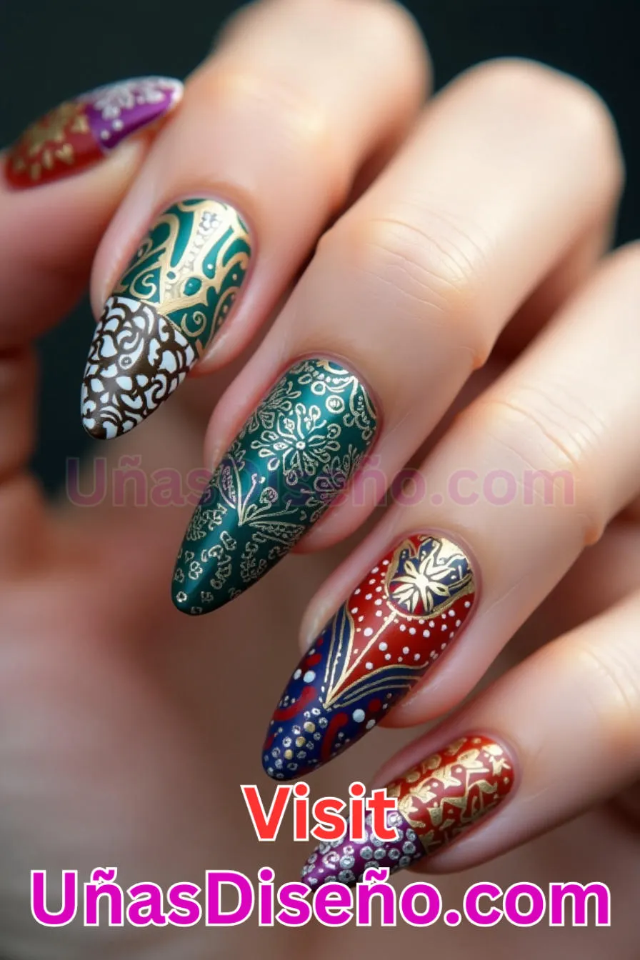 16. Fusión de patrones culturales - Cómo Elegir el Diseño Perfecto para Uñas Almendra 21 Ideas Exclusivas para Brillar (4).jpeg