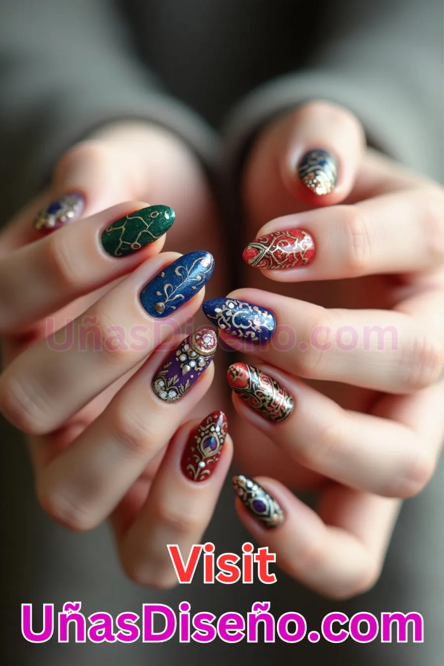 16. Fusión de patrones culturales - Cómo Elegir el Diseño Perfecto para Uñas Almendra 21 Ideas Exclusivas para Brillar (5).jpeg
