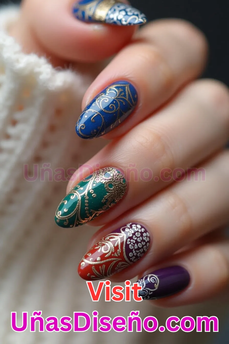 16. Fusión de patrones culturales - Cómo Elegir el Diseño Perfecto para Uñas Almendra 21 Ideas Exclusivas para Brillar (6).jpeg