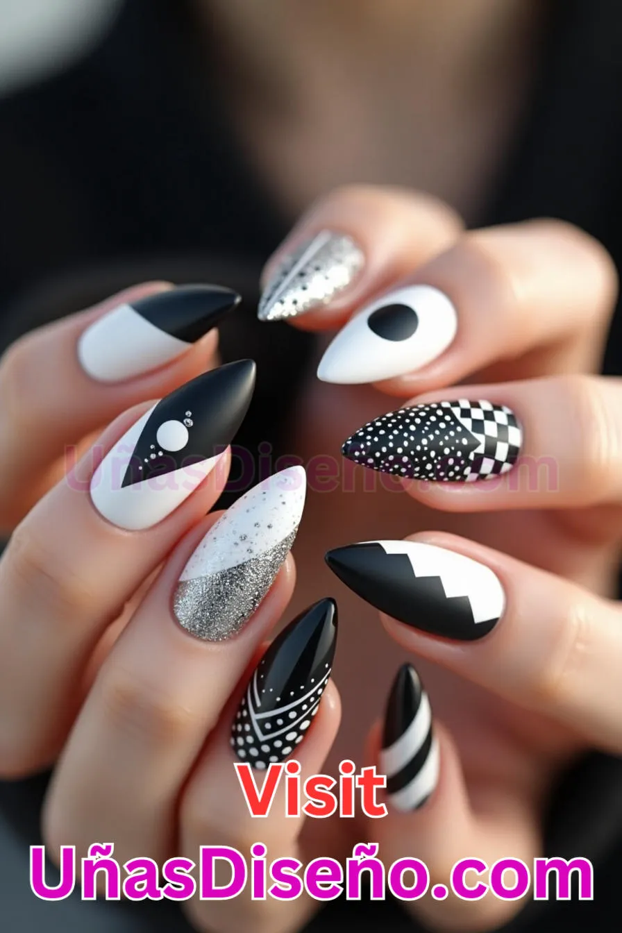 17. Contraste en blanco y negro - Cómo Elegir el Diseño Perfecto para Uñas Almendra 21 Ideas Exclusivas para Brillar (2).jpeg