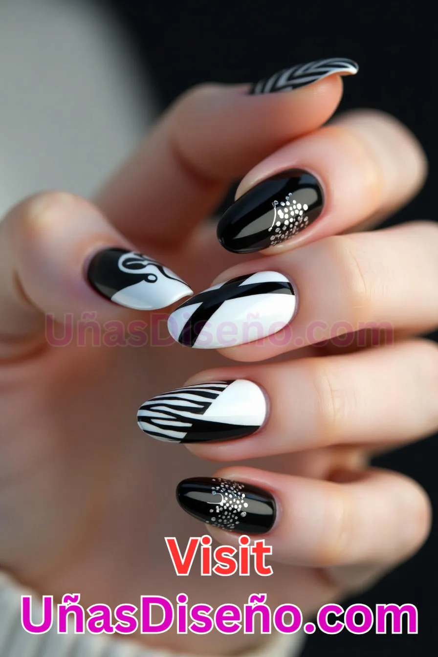 17. Contraste en blanco y negro - Cómo Elegir el Diseño Perfecto para Uñas Almendra 21 Ideas Exclusivas para Brillar (6).jpeg
