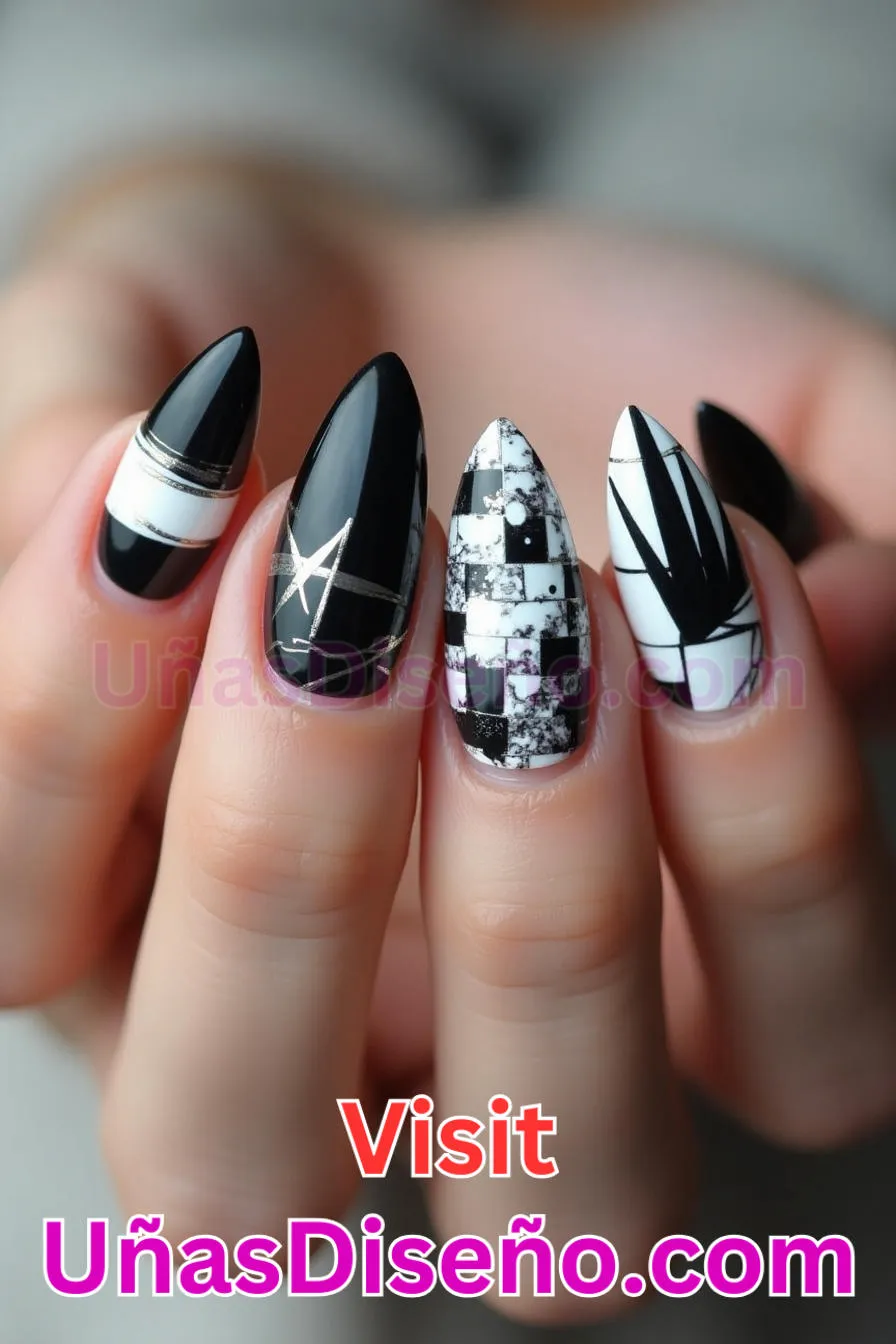 17. Edgy Blanco y Negro Almendra - 20 Uñas de Almendra Elegance Diseños exclusivos para un look sofisticado 2.jpeg