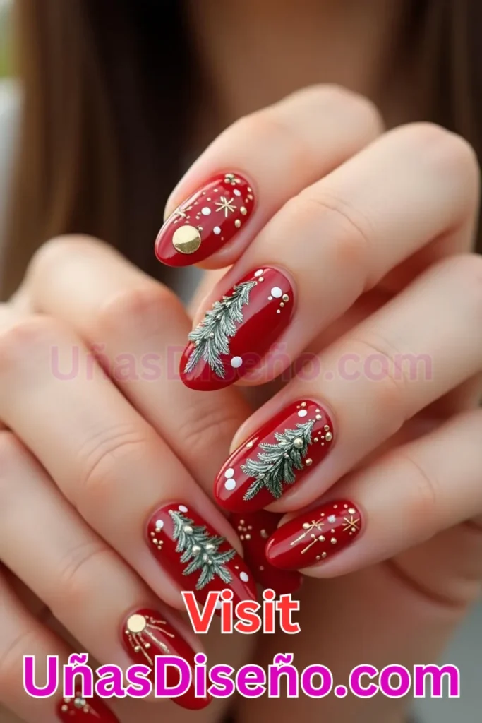 18. Rojo Tornasol con Pequeñas Coníferas Diseños de Uñas Navideñas (1).jpeg