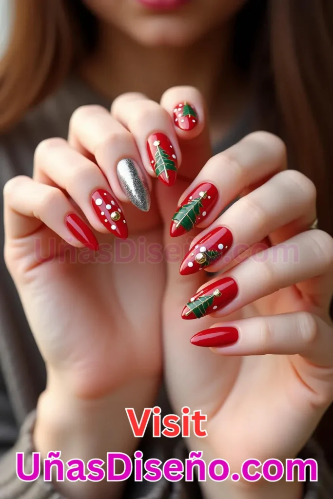 18. Rojo Tornasol con Pequeñas Coníferas Diseños de Uñas Navideñas (2).jpeg