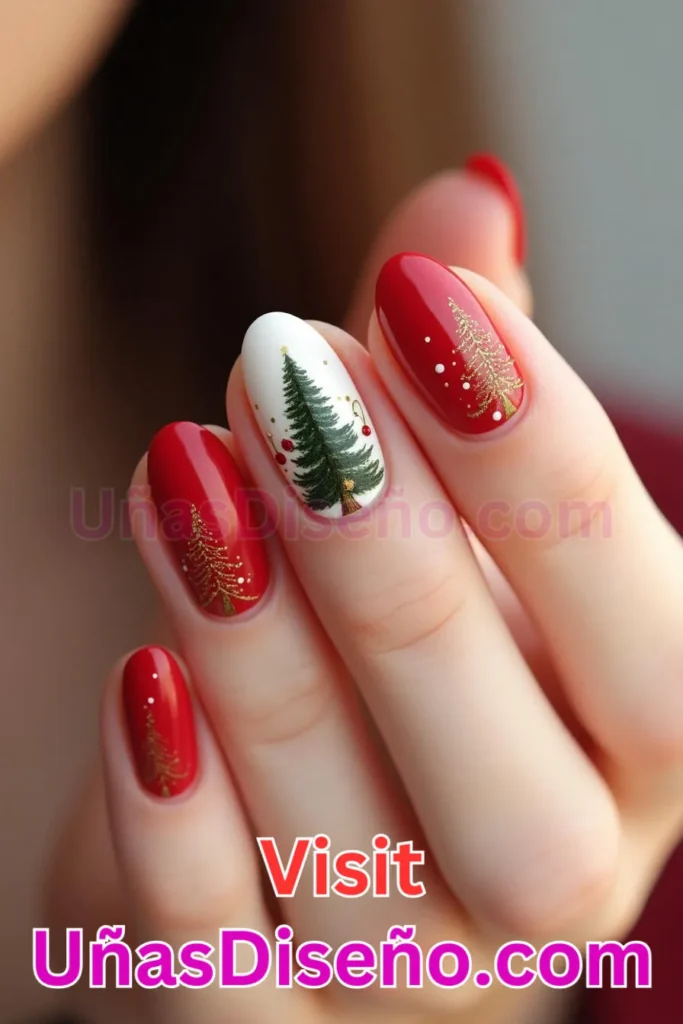 18. Rojo Tornasol con Pequeñas Coníferas Diseños de Uñas Navideñas (3).jpeg