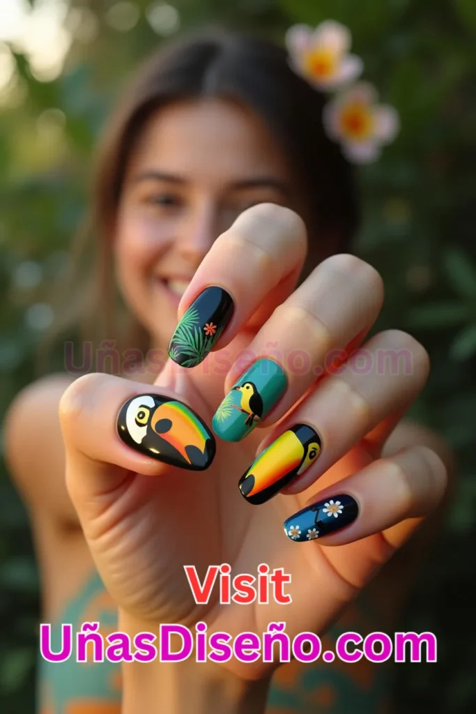 18. Tucán Diseños de uñas - 51 Diseños de uñas con estampado animal para combinar a la perfección con tus vestidos (3).jpeg