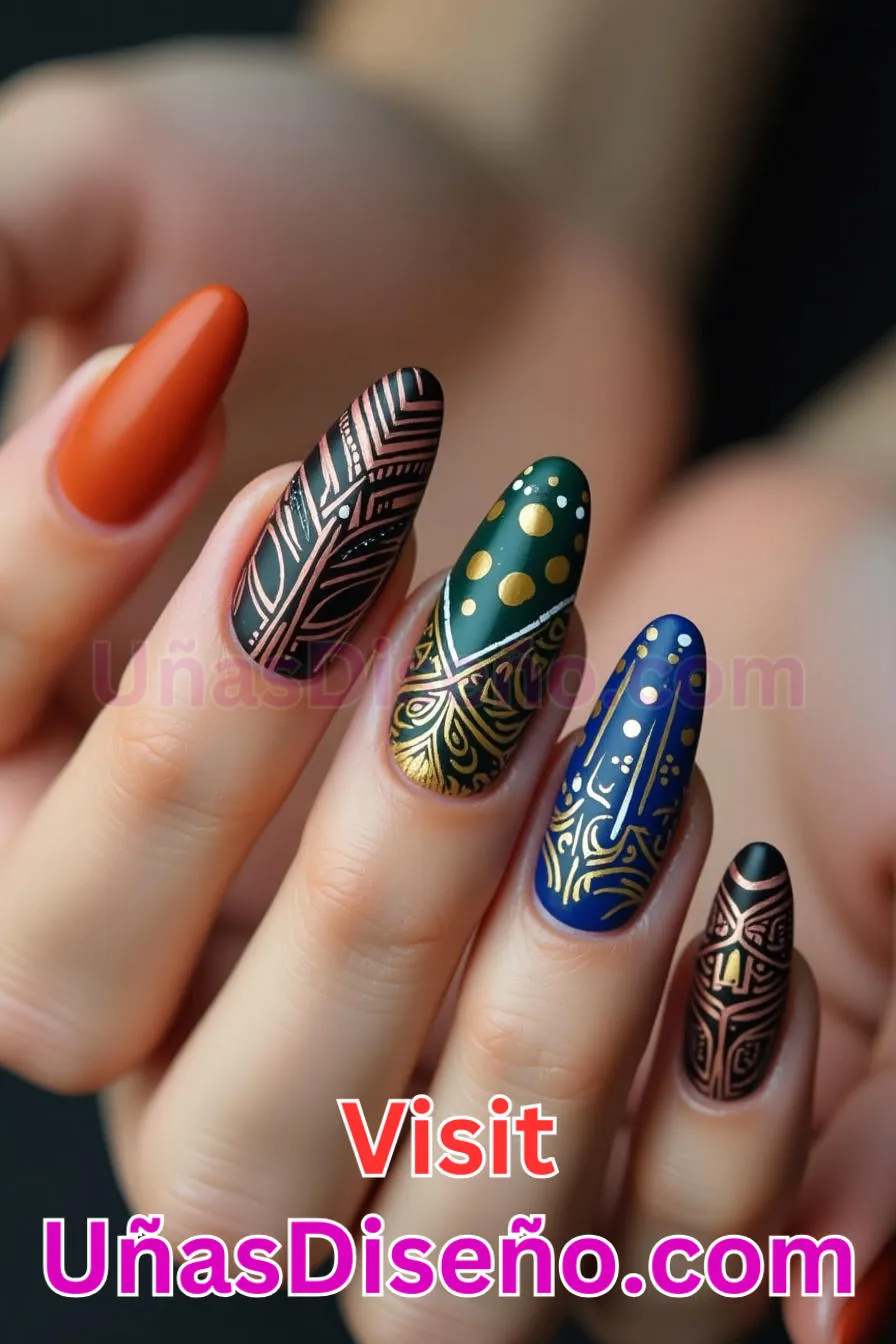 19. Intrincados motivos tribales - Cómo Elegir el Diseño Perfecto para Uñas Almendra 21 Ideas Exclusivas para Brillar (3).jpeg