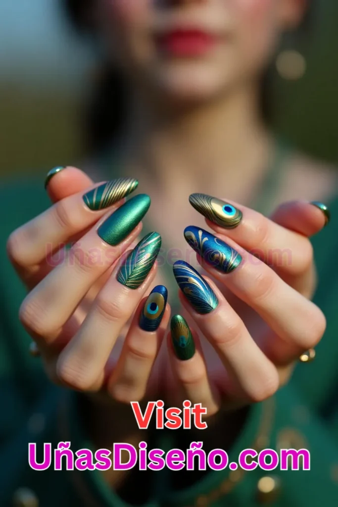 19. Pavo real Diseños de uñas - 51 Diseños de uñas con estampado animal para combinar a la perfección con tus vestidos (4).jpeg