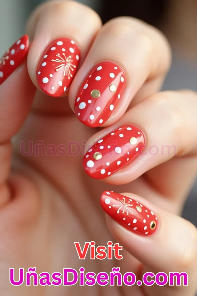 19. Tonos Rojo Coral con Lunares Blancos Diseños de Uñas Navideñas (1).jpeg