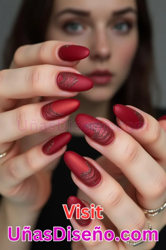 2. Elegantes diseños de uñas rojo carmesí almendra - Acabado mate combinado con sutiles destellos y curvas refinadas (1).jpeg