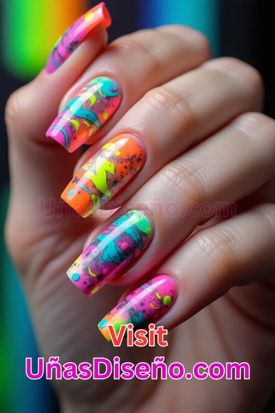 2. Uñas de Neón Abstracto Multicolor - 15 Diseños de uñas de neón de moda para un look atrevido y vibrante 1.jpeg