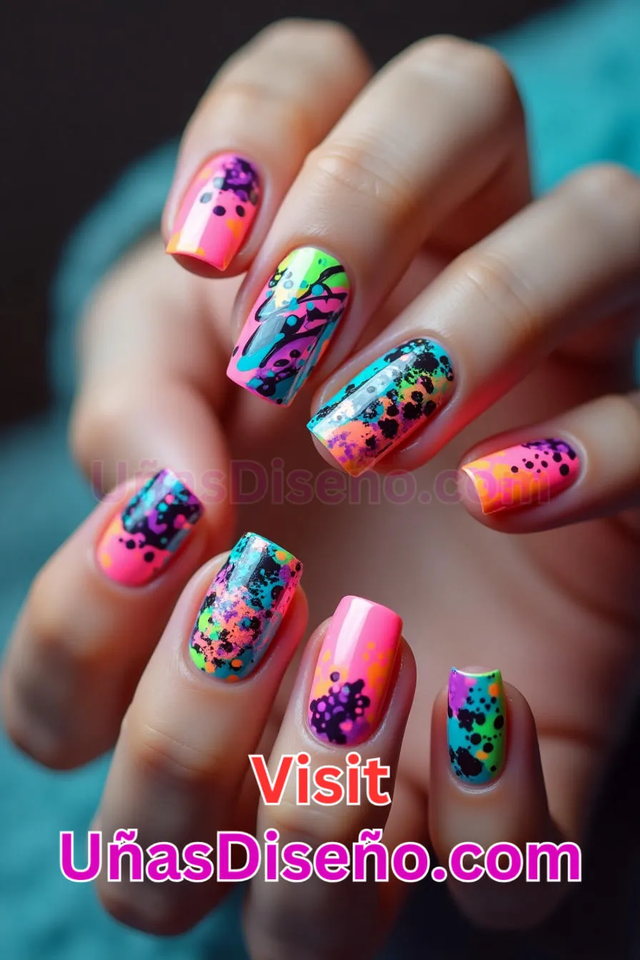 2. Uñas de Neón Abstracto Multicolor - 15 Diseños de uñas de neón de moda para un look atrevido y vibrante 3.jpeg