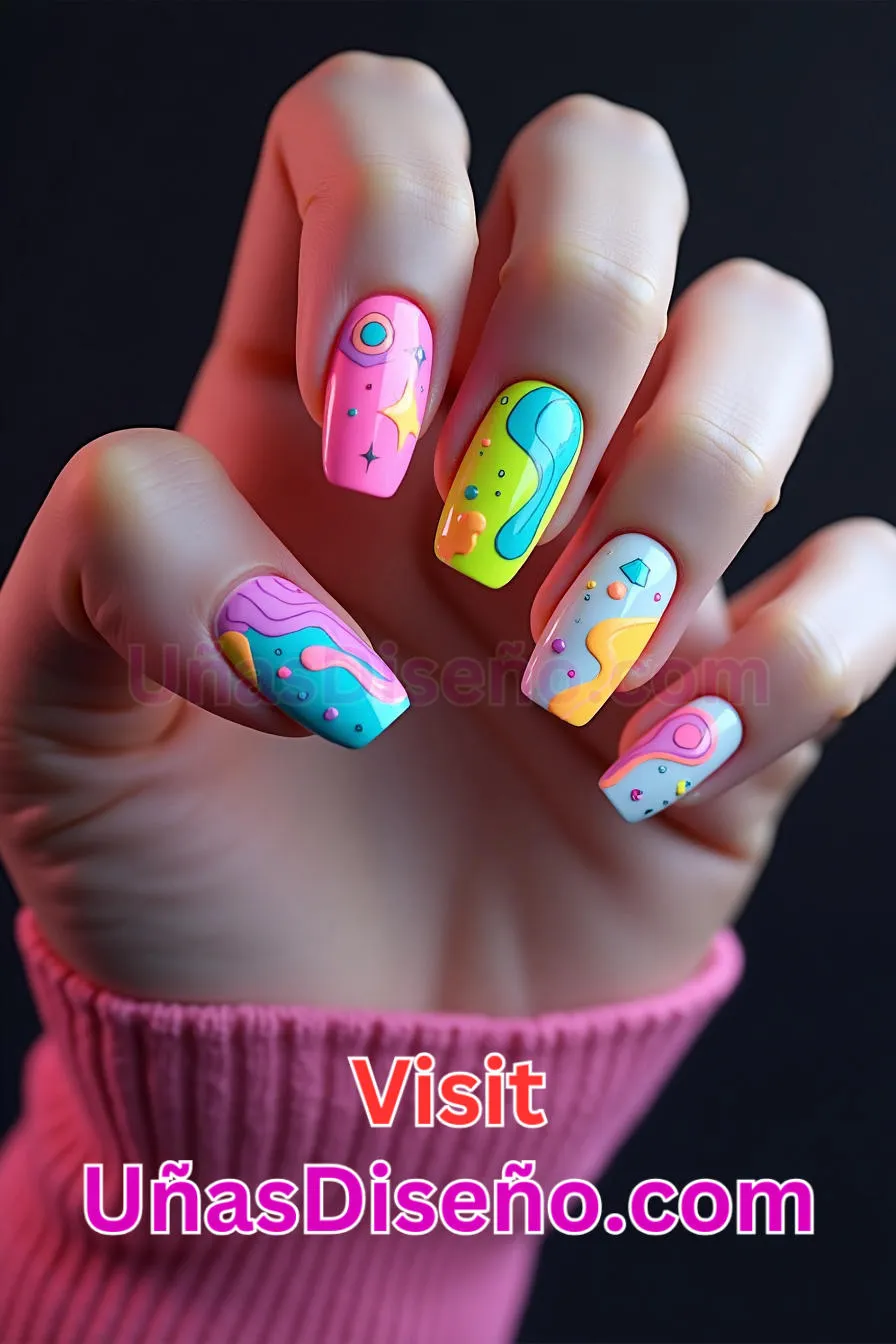 2. Uñas de Neón Abstracto Multicolor - 15 Diseños de uñas de neón de moda para un look atrevido y vibrante 4.jpeg
