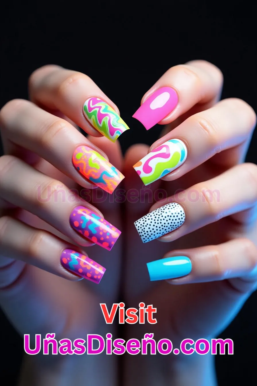 2. Uñas de Neón Abstracto Multicolor - 15 Diseños de uñas de neón de moda para un look atrevido y vibrante 5.jpeg