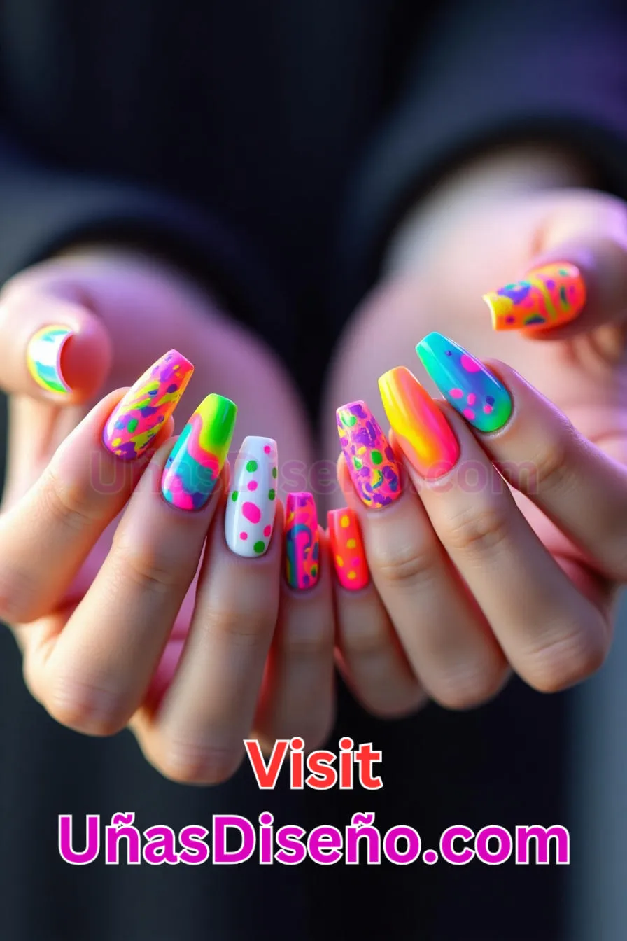 2. Uñas de Neón Abstracto Multicolor - 15 Diseños de uñas de neón de moda para un look atrevido y vibrante 6.jpeg