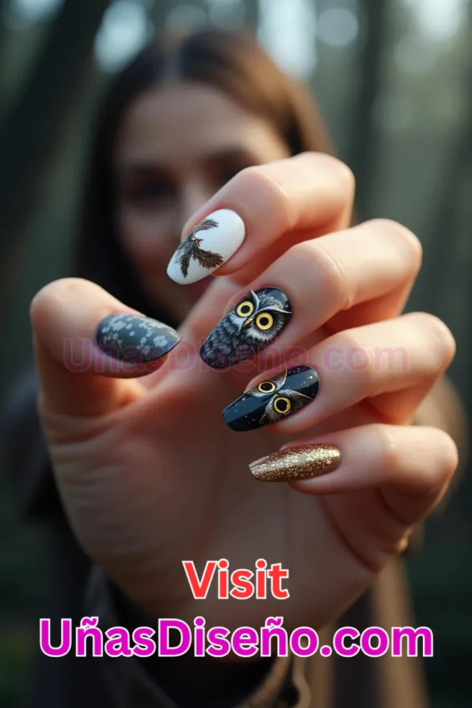 20. Búho Diseños de uñas - 51 Diseños de uñas con estampado animal para combinar a la perfección con tus vestidos (1).jpeg