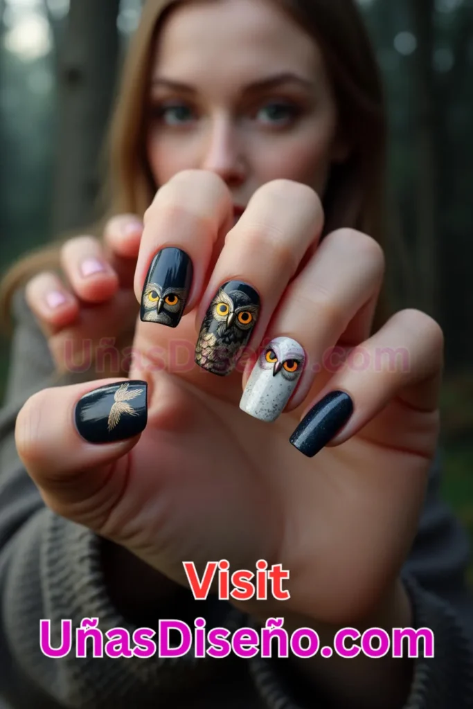 20. Búho Diseños de uñas - 51 Diseños de uñas con estampado animal para combinar a la perfección con tus vestidos (4).jpeg