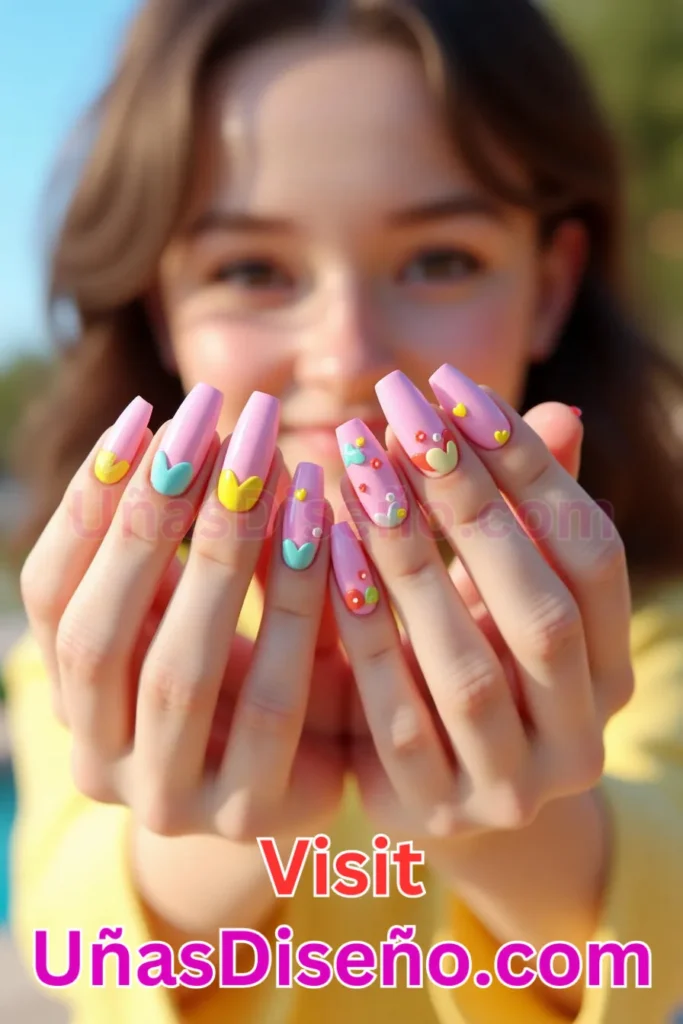 20. Diseño de uñas de verano con pequeños corazones en tonos vibrantes (1).jpeg