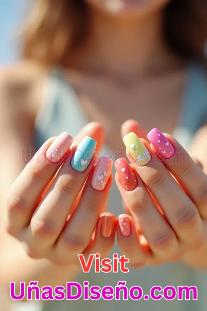 20. Diseño de uñas de verano con pequeños corazones en tonos vibrantes (3).jpeg