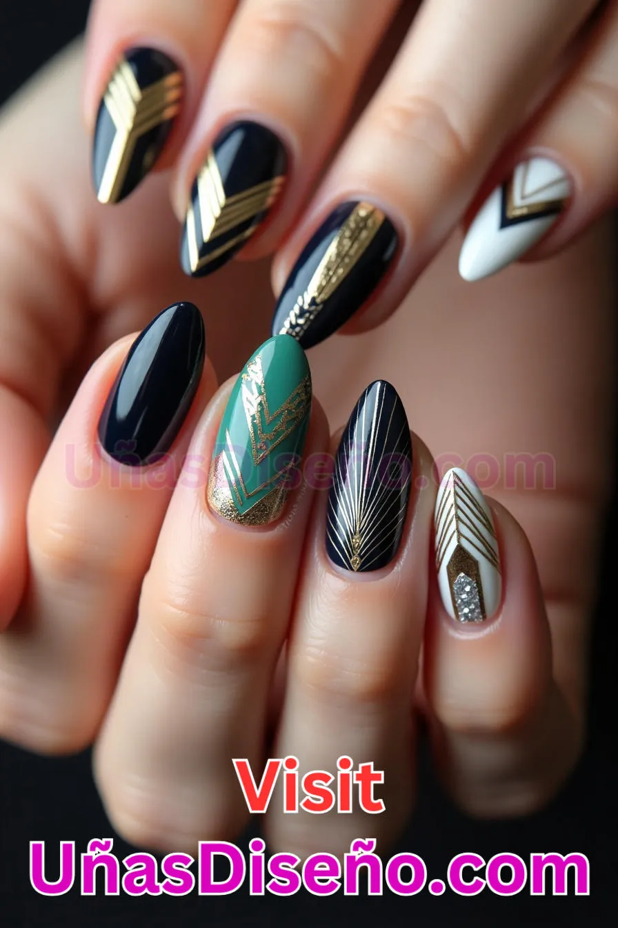 20. Extravagancia Art Déco - Tendencias 2025 30 Estilos de Uñas Almendra que Marcan la Diferencia (9).jpeg