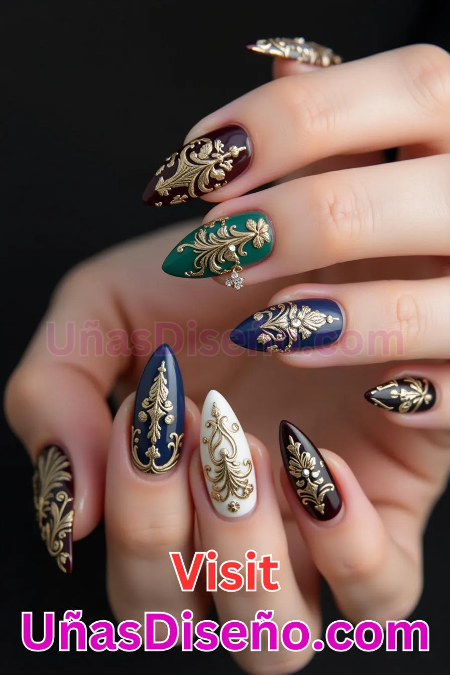 20. Glamuroso estilo barroco - Cómo Elegir el Diseño Perfecto para Uñas Almendra 21 Ideas Exclusivas para Brillar (1).jpeg