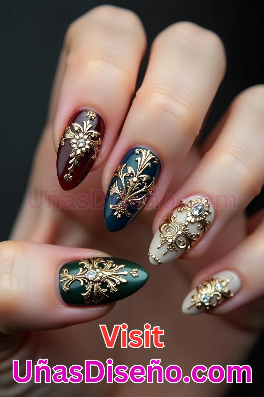 20. Glamuroso estilo barroco - Cómo Elegir el Diseño Perfecto para Uñas Almendra 21 Ideas Exclusivas para Brillar (3).jpeg