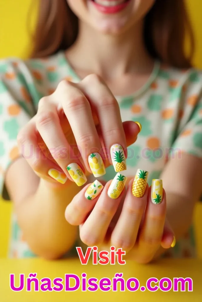 21. Diseño de uñas de verano con motivos de piña en amarillo y verde (1).jpeg