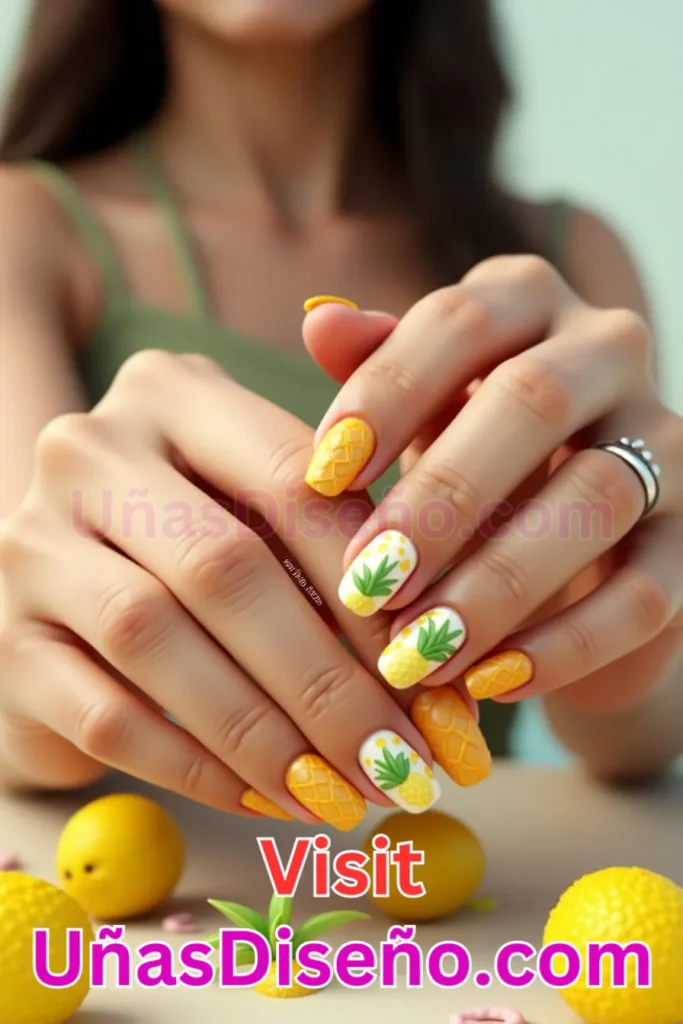 21. Diseño de uñas de verano con motivos de piña en amarillo y verde (2).jpeg