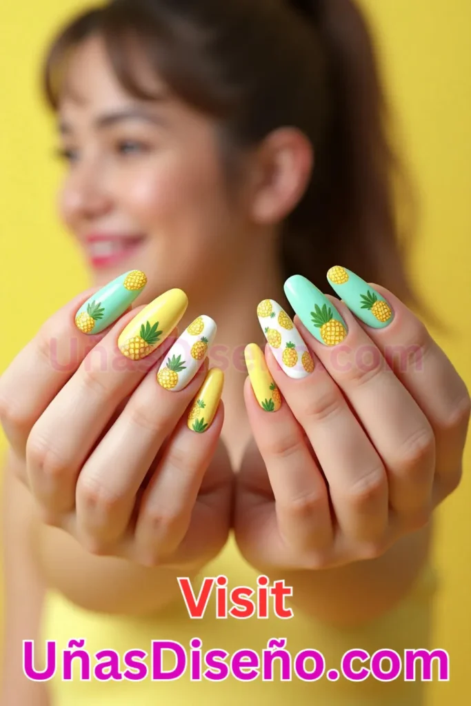 21. Diseño de uñas de verano con motivos de piña en amarillo y verde (3).jpeg