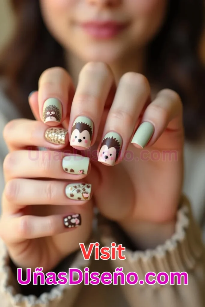 21. Erizo Diseños de uñas - 51 Diseños de uñas con estampado animal para combinar a la perfección con tus vestidos (2).jpeg