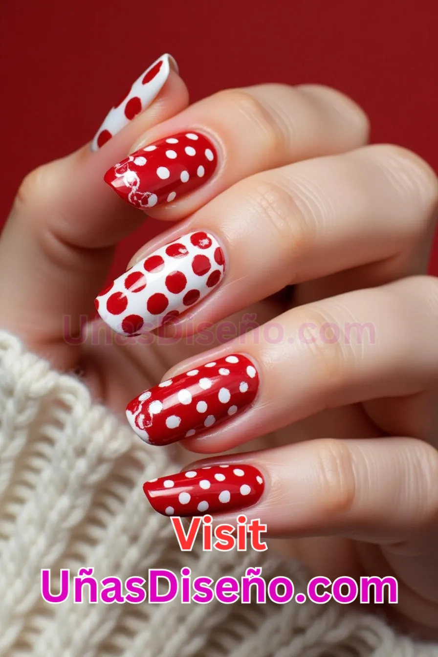 23 Arte de uñas a lunares rojos y blancos Los 25 Mejores Diseños de Uñas Para Principiantes 4.jpeg