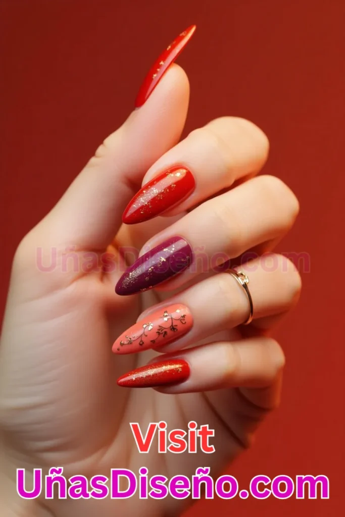 23. Radiantes diseños de uñas almendrados en rojo atardecer (1)