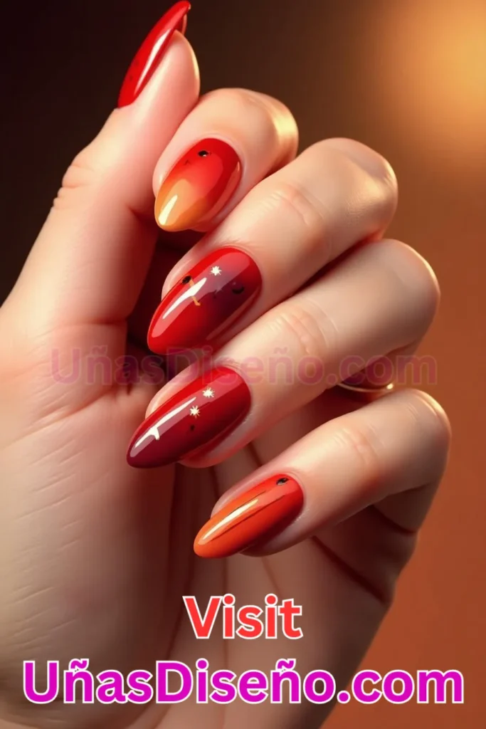 23. Radiantes diseños de uñas almendrados en rojo atardecer (2)