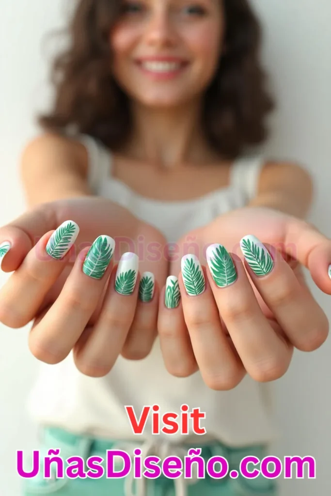 24. Diseño de uñas de verano con motivos de hoja de palma y fondo blanco (1).jpeg