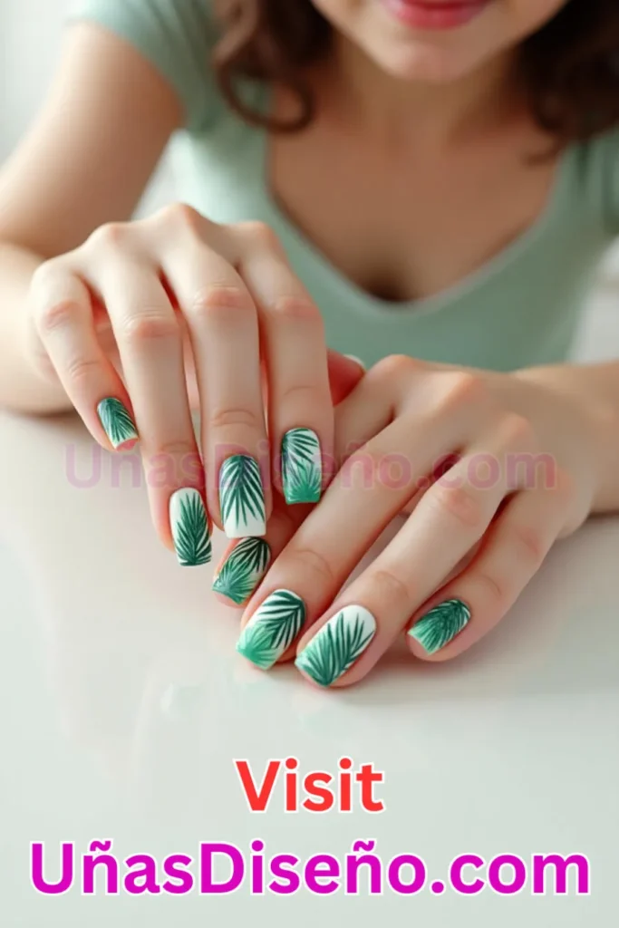 24. Diseño de uñas de verano con motivos de hoja de palma y fondo blanco (2).jpeg